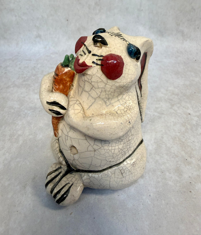 Raku Zoo Rabbit with Carrot Whistle by Chris Moses, Signed by Artist