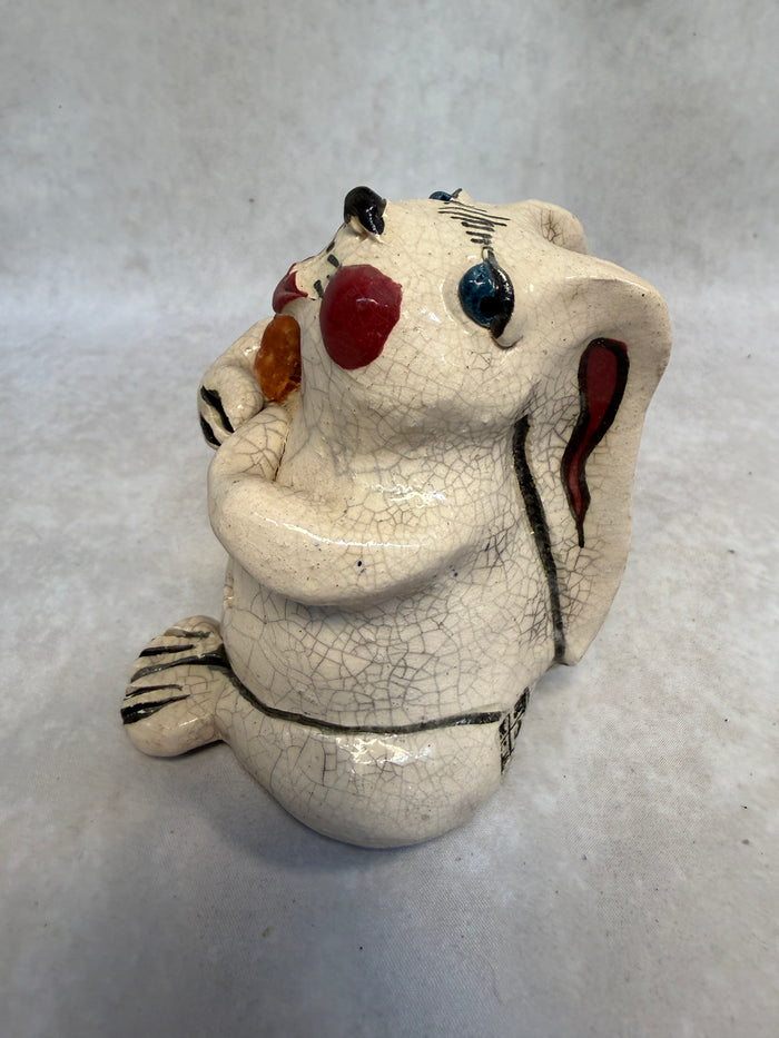 Raku Zoo Rabbit with Carrot Whistle by Chris Moses, Signed by Artist