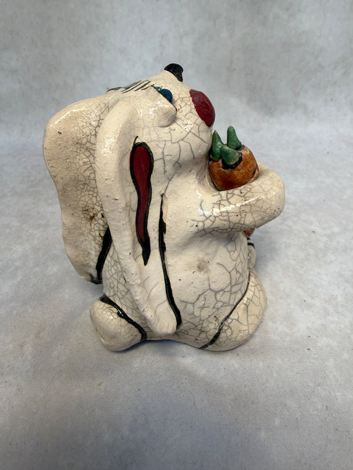 Raku Zoo Rabbit with Carrot Whistle by Chris Moses, Signed by Artist