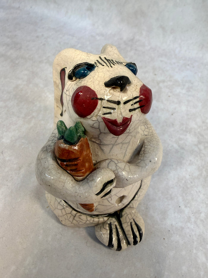 Raku Zoo Rabbit with Carrot Whistle by Chris Moses, Signed by Artist