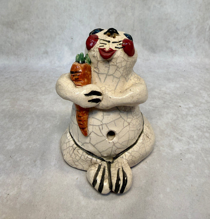 Raku Zoo Rabbit with Carrot Whistle by Chris Moses, Signed by Artist