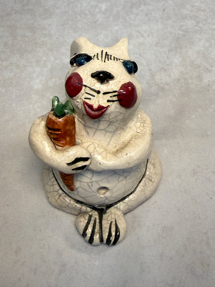 Raku Zoo Rabbit with Carrot Whistle by Chris Moses, Signed by Artist