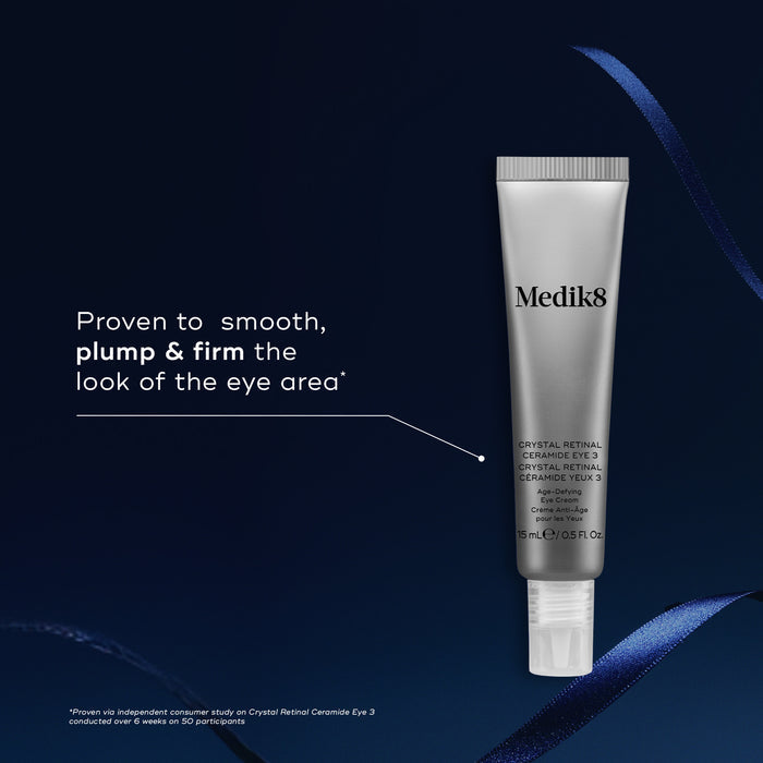 A Crystal Retinal Ceramide Eye 3 tube displayed against a dark blue background with a blue ribbon. Text pointing to the tube states it is "Proven to smooth, plump & firm the look of the eye area."