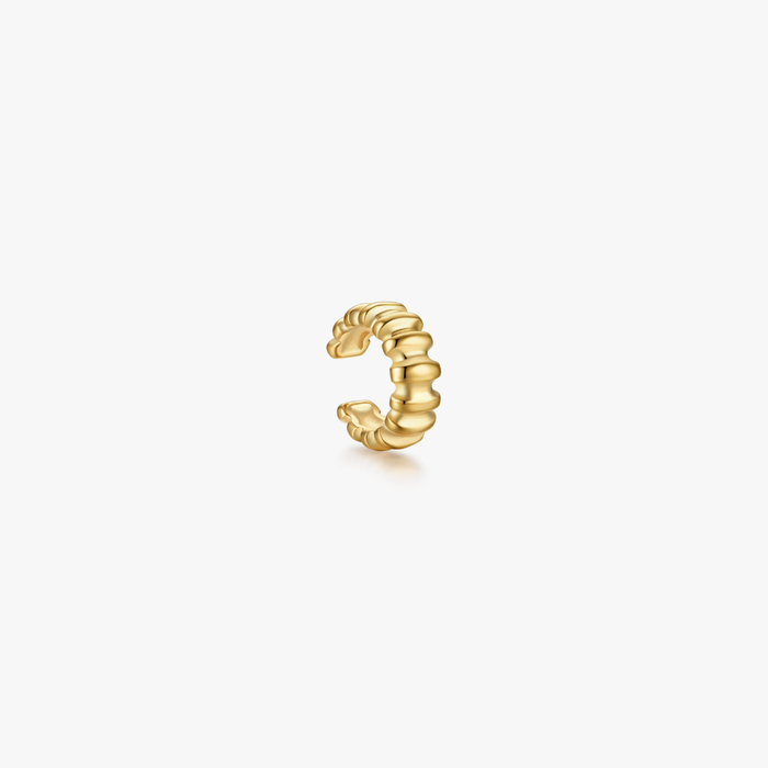 Ribbed Ear Cuff in a wave-style design, crafted from stainless steel with 18K PVD gold plating, featuring a textured, open-ended hoop.