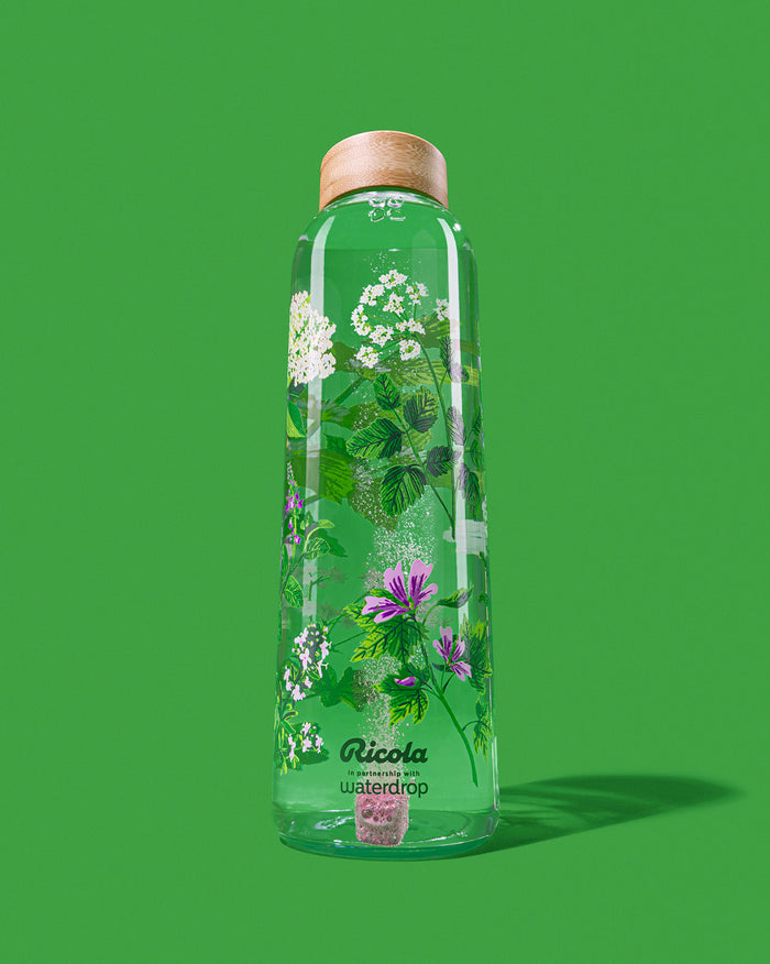 Ricola Bottle Set with floral design and dissolving flavor cube.