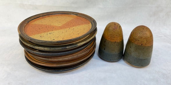 Set of 6 Glazed Stoneware Plates and Salt & Pepper Shakers