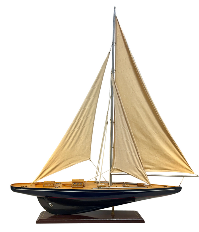 Single Mast Sailboat 4' Wooden Model with Brass Fittings and Cloth Sails