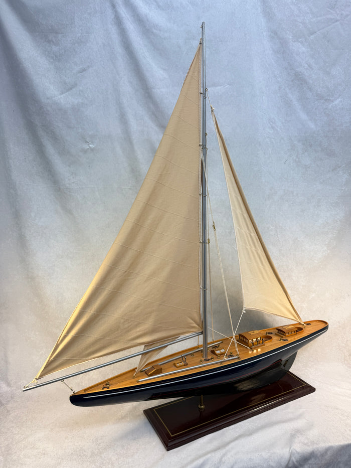 Single Mast Sailboat 4' Wooden Model with Brass Fittings and Cloth Sails