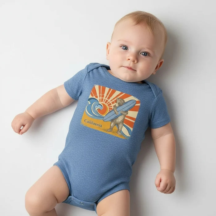 Blue baby onesie with a bear holding a surfboard and 'California' text on a white background