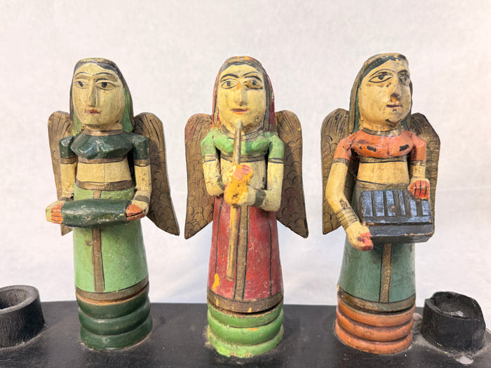 Three Musical Angels Carved Wood Candle Holder