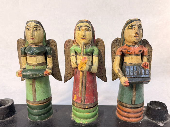 Three Musical Angels Carved Wood Candle Holder