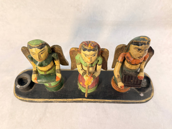 Three Musical Angels Carved Wood Candle Holder