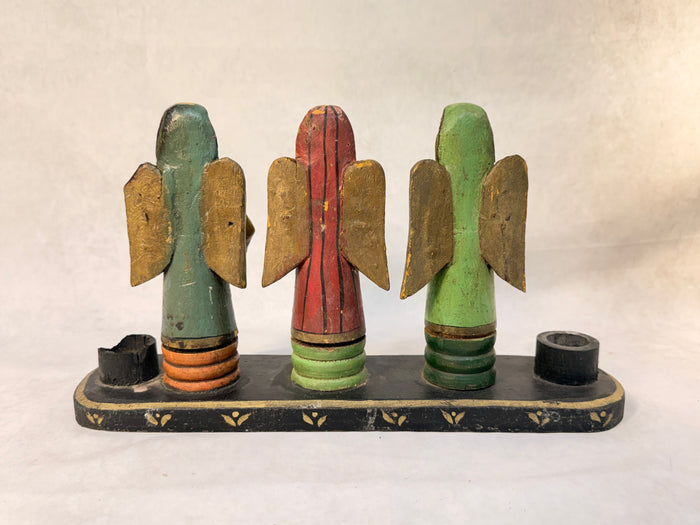 Three Musical Angels Carved Wood Candle Holder