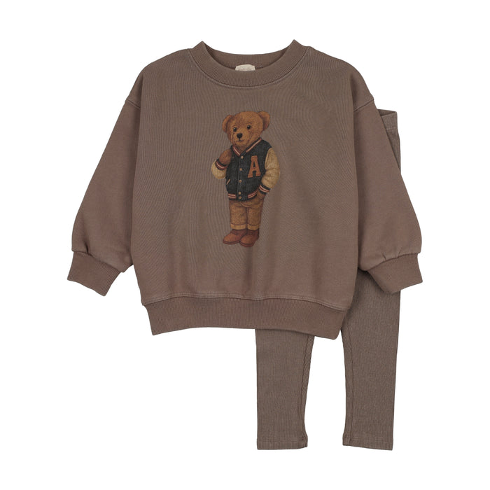 Varsity Bear Sweatshirt Set-Washed Brown