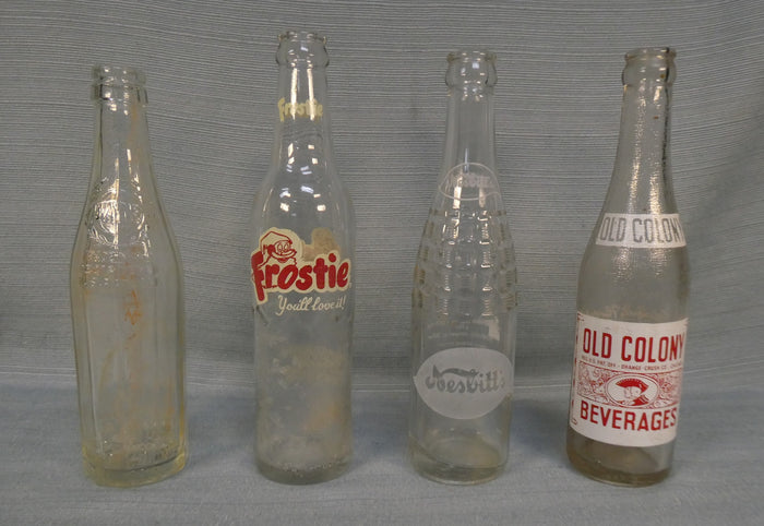 Vintage Glass Bottles - Frostie, Old Colony, Wayne, Nesbitt's - Lot of 4
