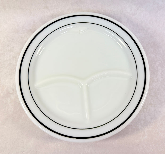 Vintage Pyrex Tableware, 9.5" Milk Glass Divided Plate with Double Green Rings - Lot of 4