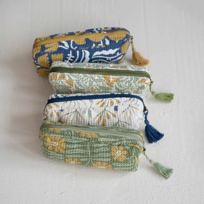 Waffle Weave Zip Pouch Flowers & Tassel Asst