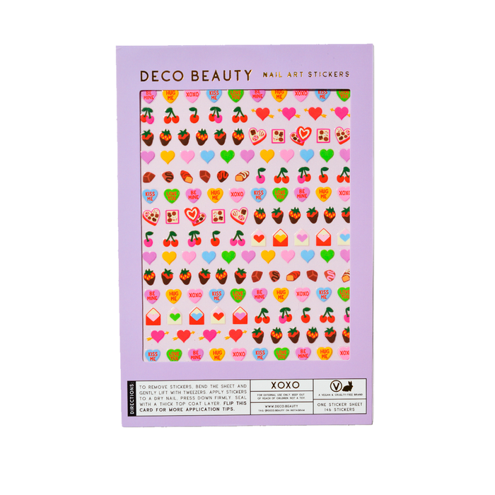 XOXO Sticker sheet, valentine's day themed with candy and rainbow hearts (full sheet)
